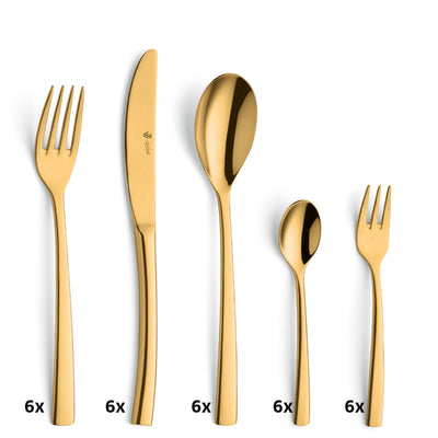 30-teiliges SWING Besteckset von Paul Wirths aus PVD-Gold mit Messer, Gabel, Löffel und Teelöffel, elegant und modernes Design