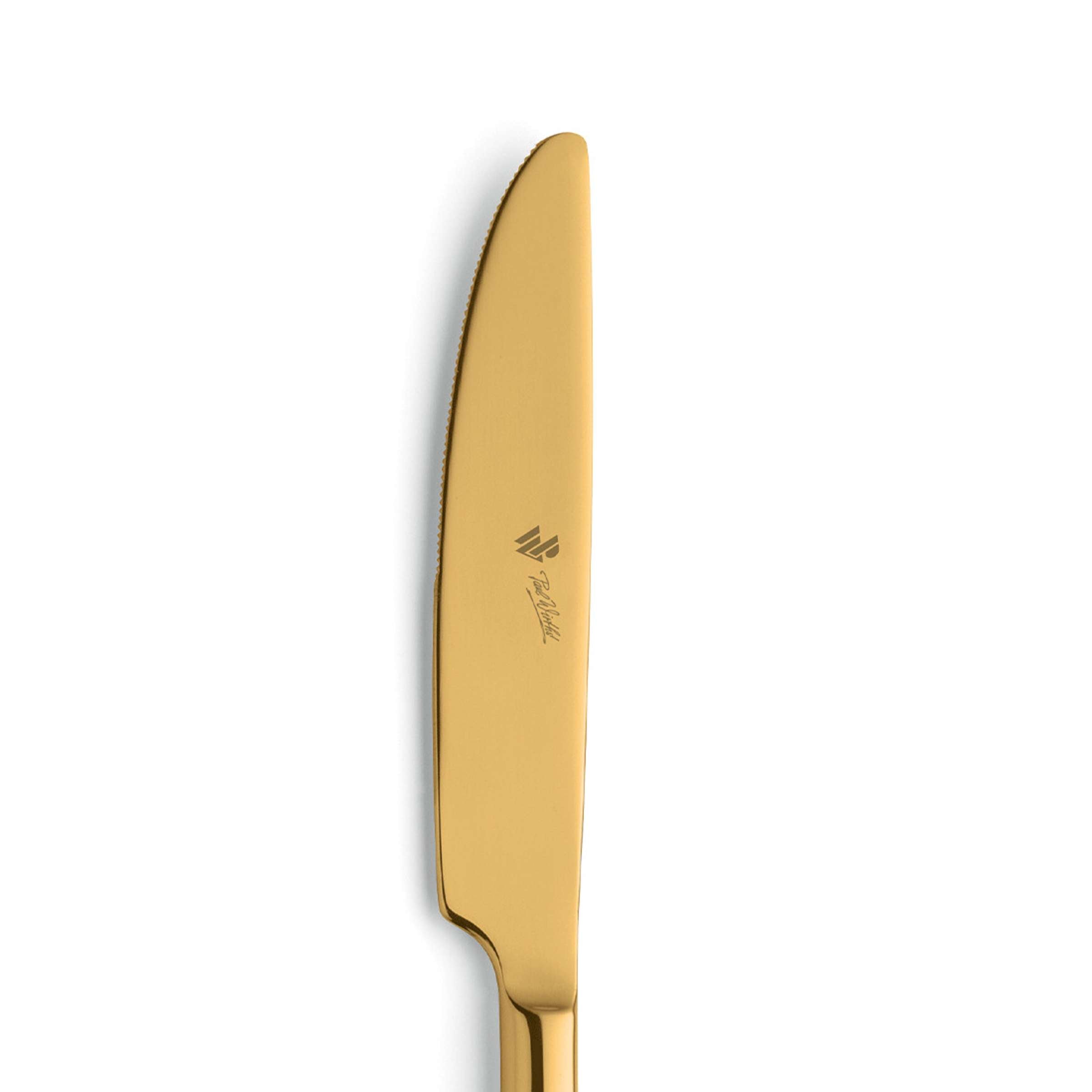 VIVENDI Menümesser von Paul Wirths, Vollheft, PVD-Gold, elegantes Messer für den gedeckten Tisch, Nahaufnahme.