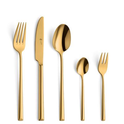 VIVENDI Besteckset 30-teilig aus PVD Gold von Paul Wirths, Messer, Gabeln und Löffel auf weißem Hintergrund.