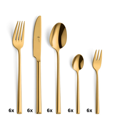 VIVENDI Besteckset 30-teilig aus PVD-Gold von Paul Wirths, Messer, Gabeln und Löffel auf weißem Hintergrund.
