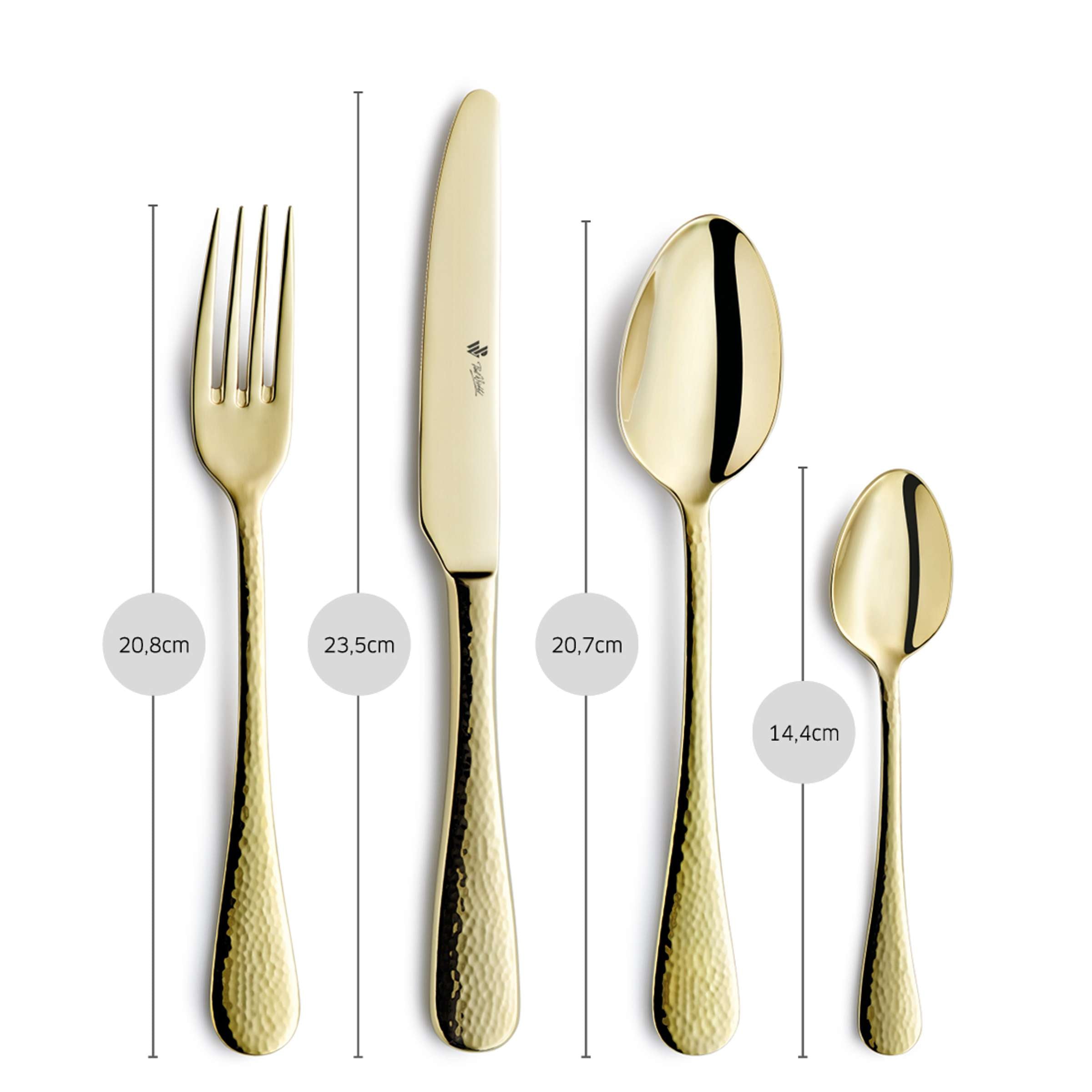 Elegantes 24-teiliges Besteckset von Paul Wirths in Champagner PVD, bestehend aus Messer, Gabel, Löffel und Teelöffel.
