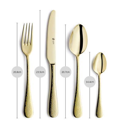 Elegantes 24-teiliges Besteckset von Paul Wirths in Champagner PVD, bestehend aus Messer, Gabel, Löffel und Teelöffel.