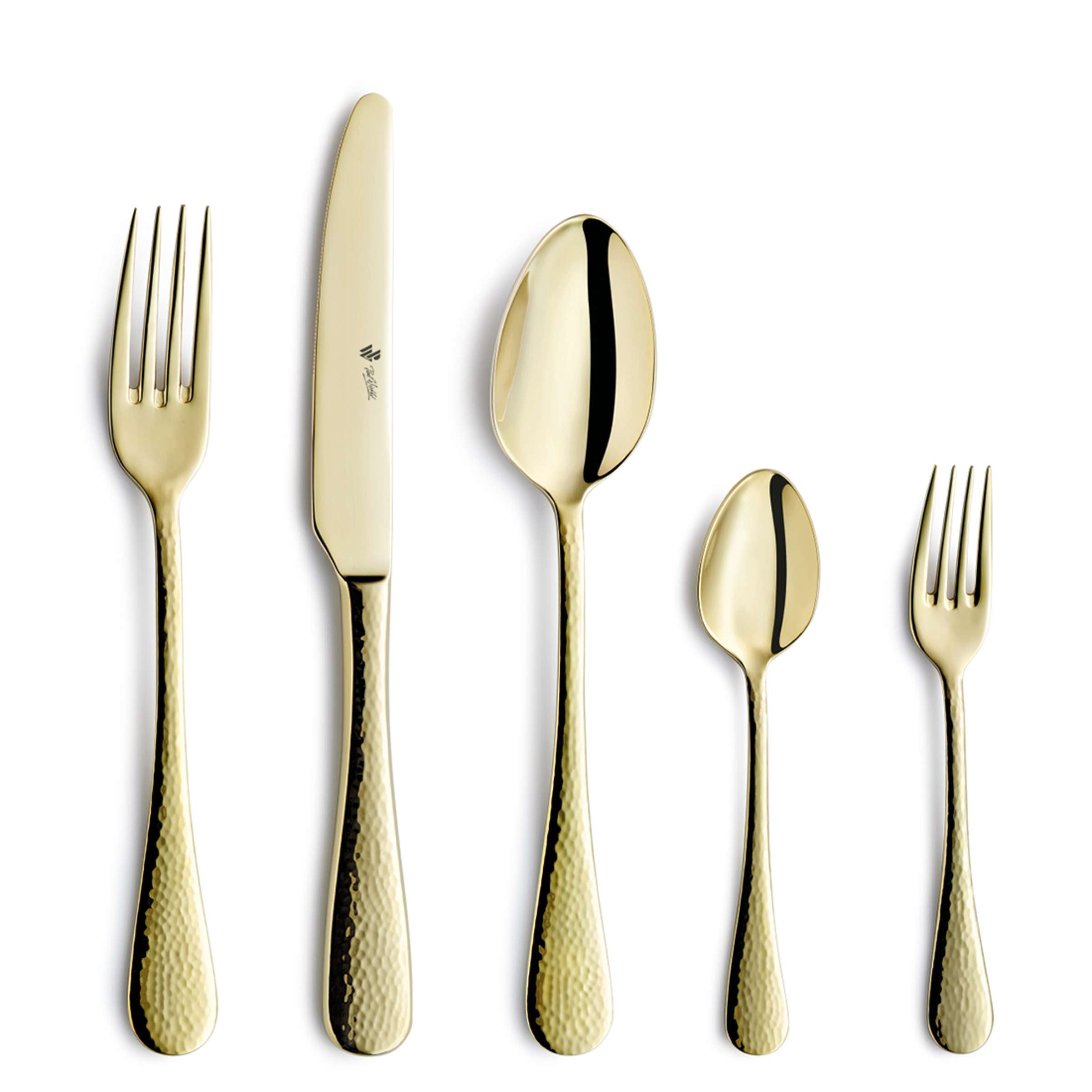 Paul Wirths MONDO Besteckset 30-teilig aus PVD-Champagner mit Messer, Gabel, Löffel und Teelöffeln, elegant und modern.