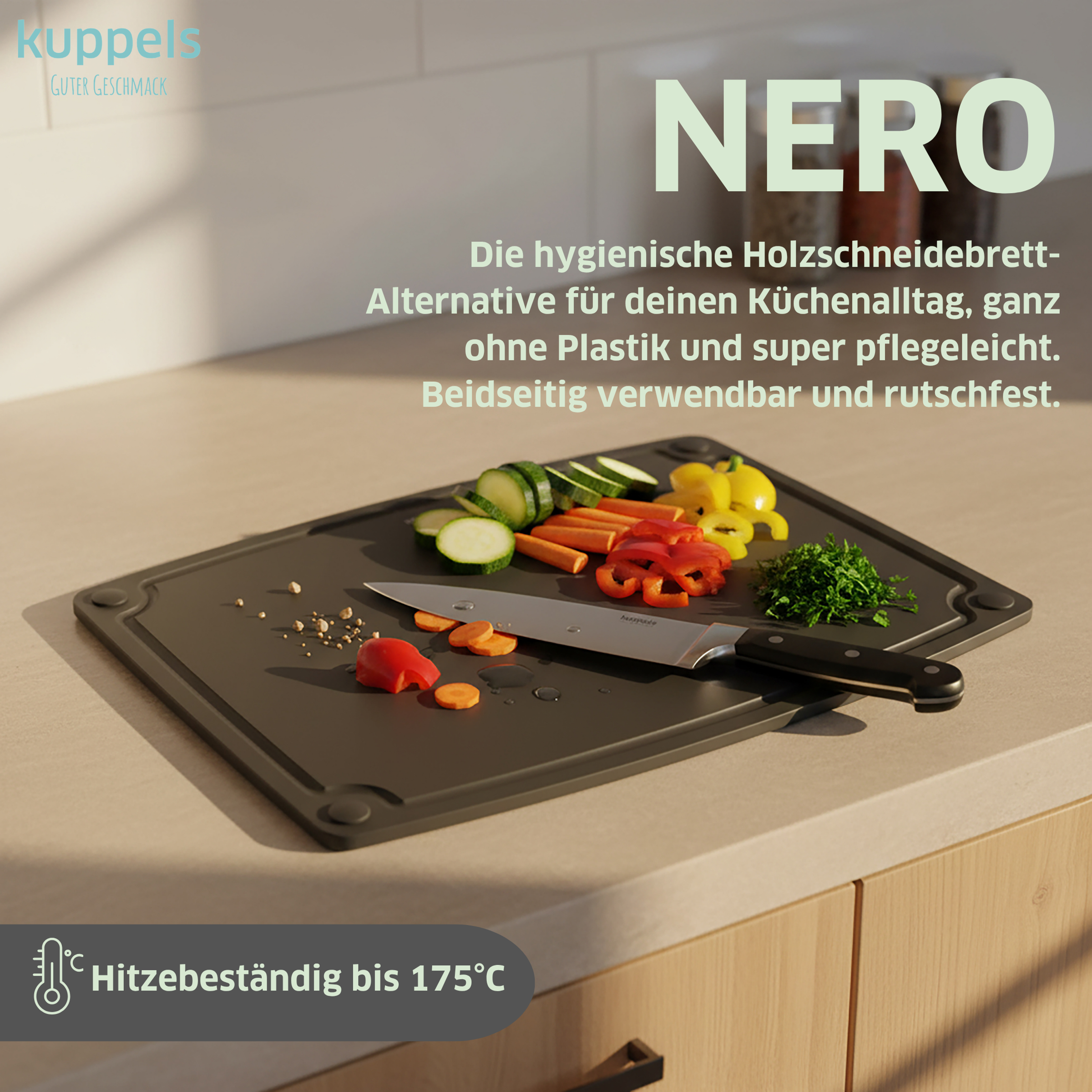 Kuppels NERO Schneidebrett S aus Holz, kleines Schneidebrett für Küchenarbeiten, klare Oberfläche und robustes Design