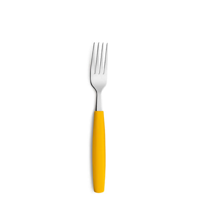 Amefa VALOA Besteckset, 16-teilig, gelbe Gabel aus Edelstahl mit modernen Design, auf hellem Hintergrund.