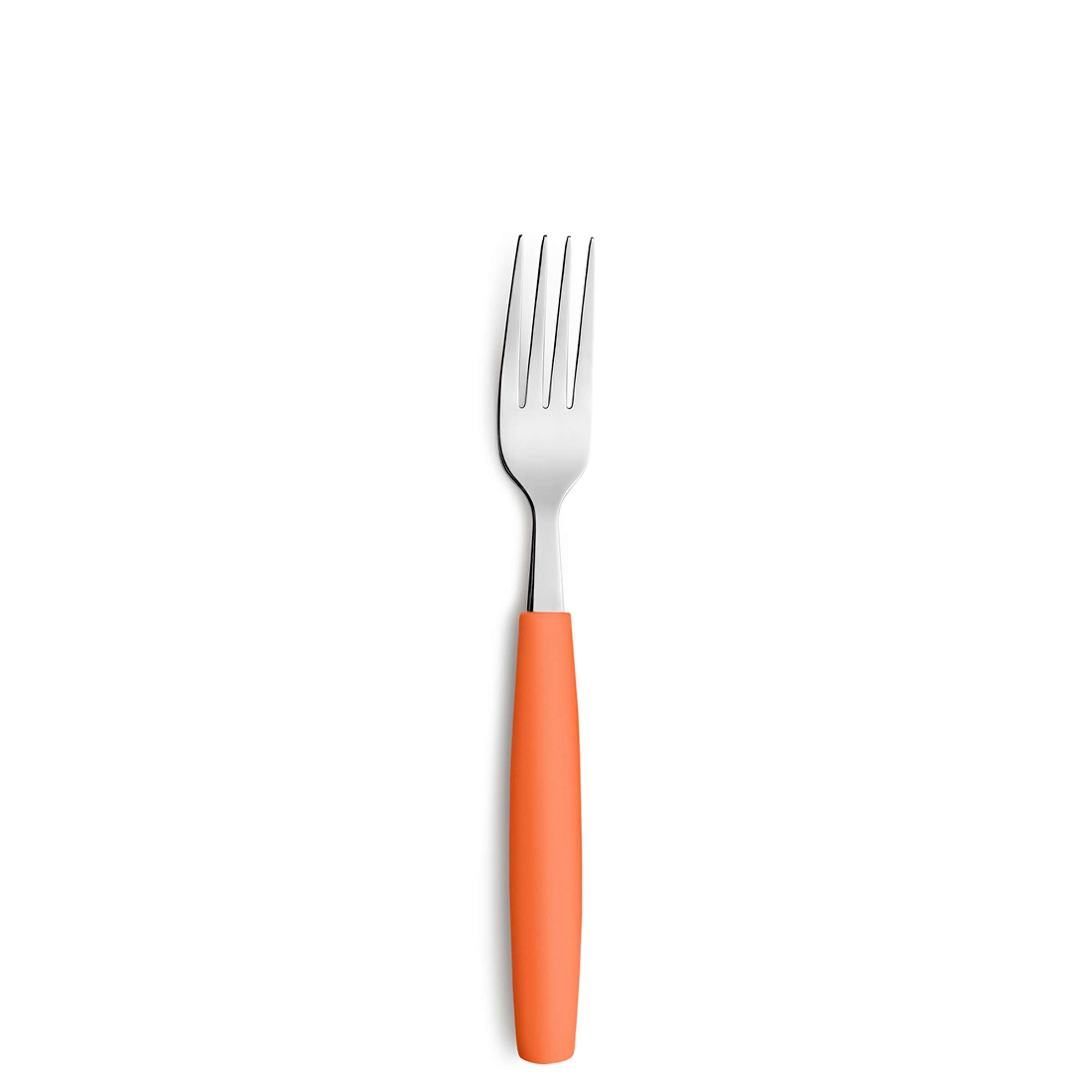 Amefa VALOA Besteckset, 16-teilig, orange, mit Gabel, Messer, Löffel und Teelöffel, auf hellem Hintergrund.