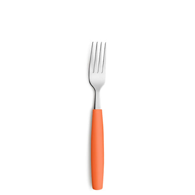 Amefa VALOA Besteckset, 16-teilig, orange, mit Gabel, Messer, Löffel und Teelöffel, auf hellem Hintergrund.